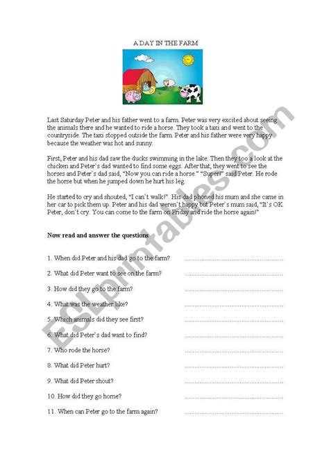 reading comprehension a day in the farm esl worksheet by purslane