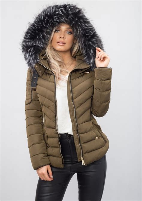 Quilted Faux Fur Hooded Padded Puffer Coat Khaki Lily Lulu Fashion