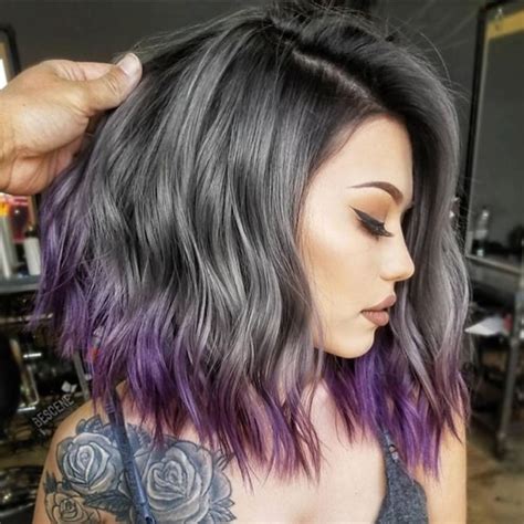Your hair colour will affect how noticeable the results are; Gray lob with purple balayage. | Purple ombre hair short ...