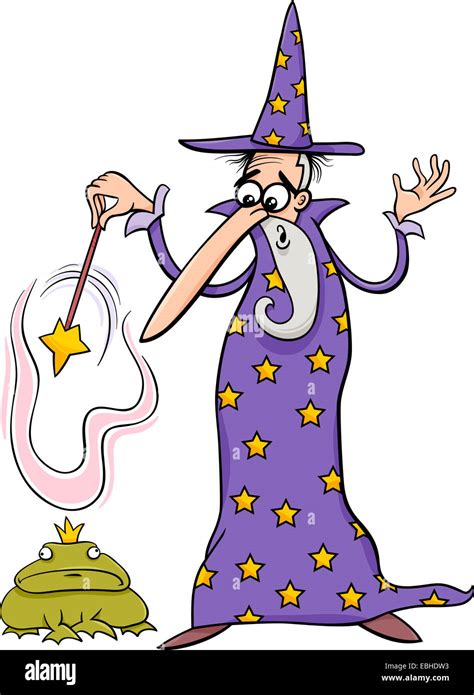 Cartoon Illustration Of Fantasy Wizard With Magic Wand Casting A Stock