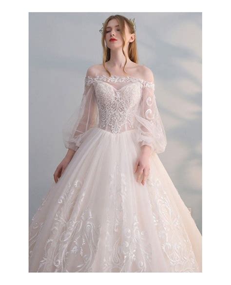 27899 Gorgeous Off Shoulder Unique Lace Ballgown Wedding Dress With Puffy Sleeves Princess