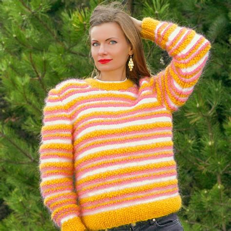 Supertanya White Yellow Pink Hand Knitted Mohair Sweater