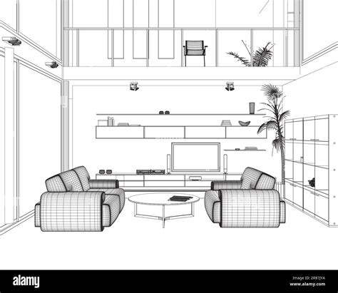 Wireframe Interior Design Modern Living Room In Black Line On White