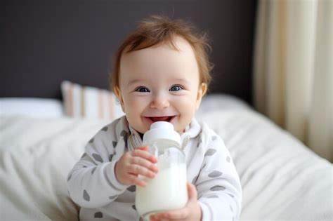 Premium Ai Image Cute Happy Little Baby Holding A Feeding Bottle With