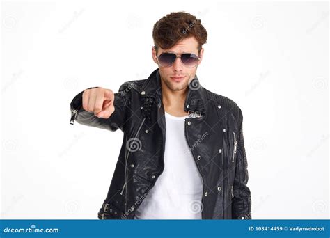 Portrait Of A Man In A Leather Jacket And Sunglasses Stock Image