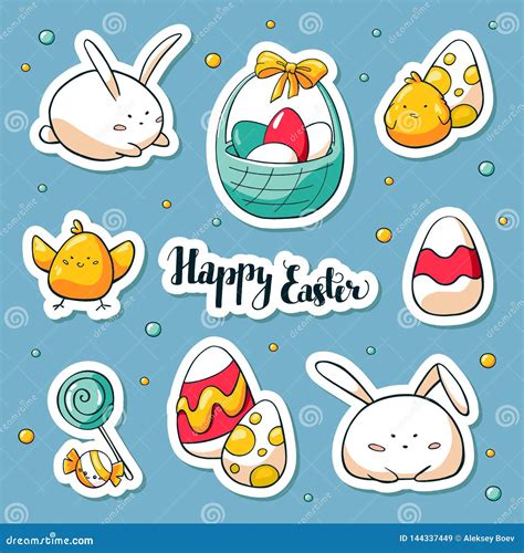 Spring Easter Stickers Set In Doole Style Vector Habd Drawn