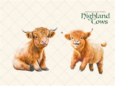 Watercolour Highland Cows Clipart Cute Adorable Fluffy Cows Etsy