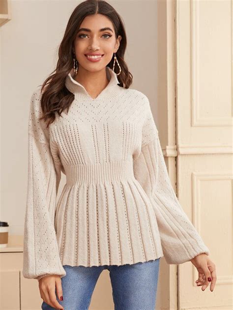 Lantern Sleeve Pointelle Knit Ribbed Hem Peplum Sweater Shein In