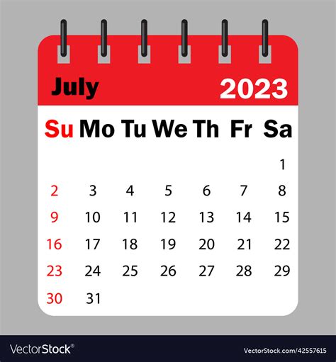 Red Calendar July 2023 On A Spiral Calendar Vector Image