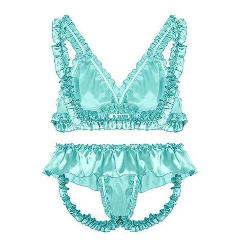 acsuss men s satin nightwear frilly ruffled bra top sissy thong pair of lingerie set only one