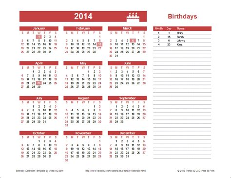 Birthday Calendar Template Yearly Birthday Calendar