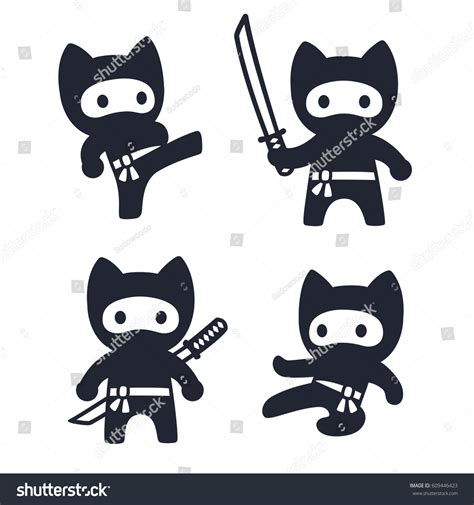 Cute Cartoon Ninja Cat Set Adorable Vetor Stock Livre De Direitos