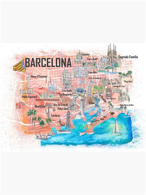 Pegatina Mapa De Viaje Ilustrado De Barcelona Con Carreteras