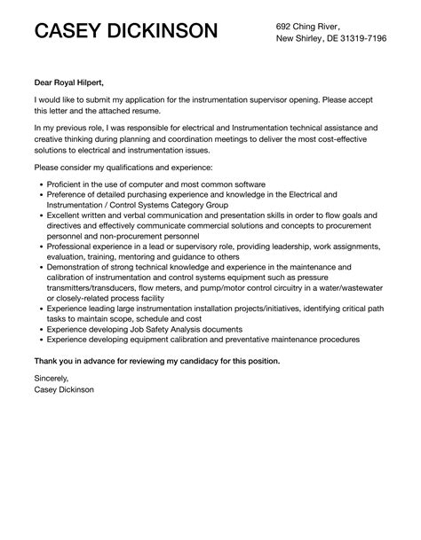 Instrumentation Supervisor Cover Letter Velvet Jobs