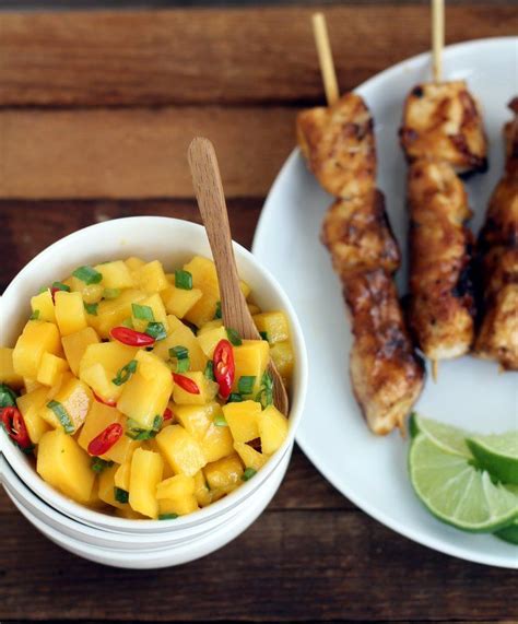 Fresh salsa made with sweet mango and veggies makes a terrific topper for these tender grilled chicken breasts. Marinated Chicken Skewers with Mango Salsa | Marinated ...