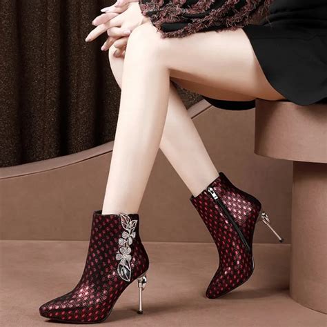 brand rhinestone ankle boots women sexy high heels fashion pointed toe genuine leather shoes