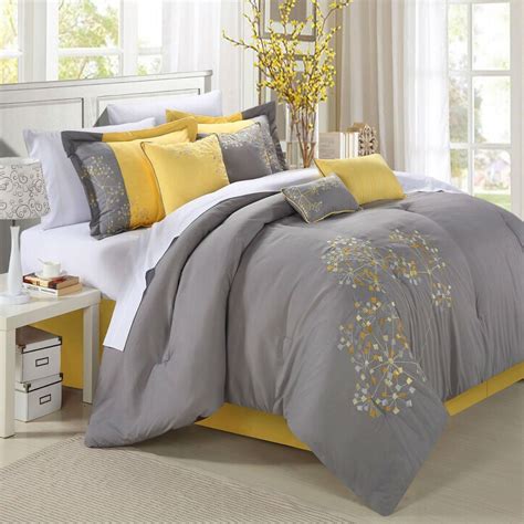 King Size 8 Piece Modern Yellow Grey Floral Comforter Set King Size