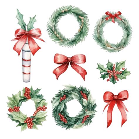 Watercolor Set Of New Year And Christmas Stickers With Wreaths Fir