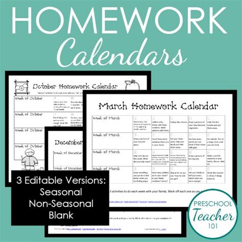 Editable Printable Preschool Homework Calendars Homework Calendar