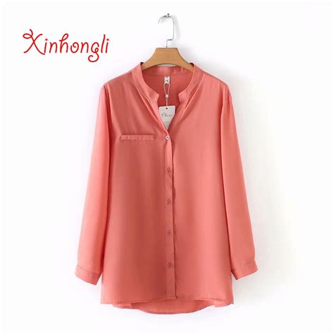 Plus Size Stand Collar Solid Color Chiffon Women Blouse 2019 Spring