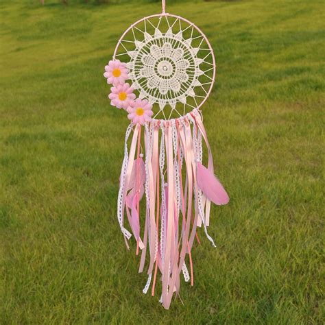 Spring Handmade Pink Flower Dream Catcher Net With Lace Feathers Ribbon