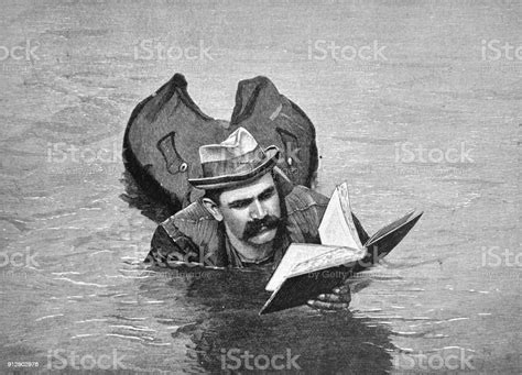 Adult Man Is Lying In The Water And Reads The Book 1896 Stock