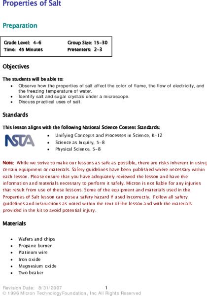 Properties Of Salt Lesson Plan For 4th 6th Grade Lesson Planet