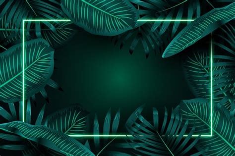 Premium Vector Realistic Leaves With Green Neon Frame