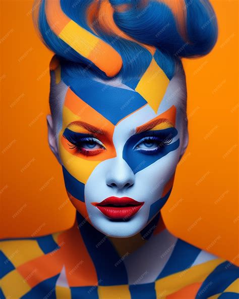 Premium Ai Image A Woman With Blue And Orange Make Up On Her Face Is