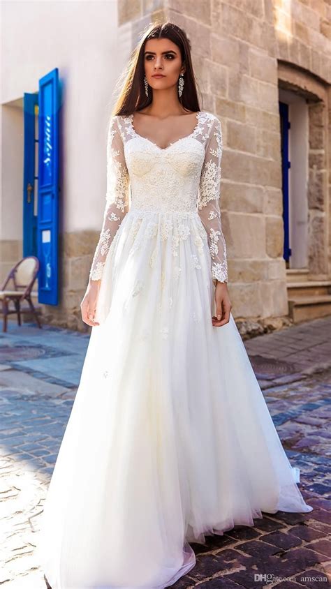 2018 A Line Long Sleeves V Neck Lace Tulle Wedding Gowns Simple Elegant