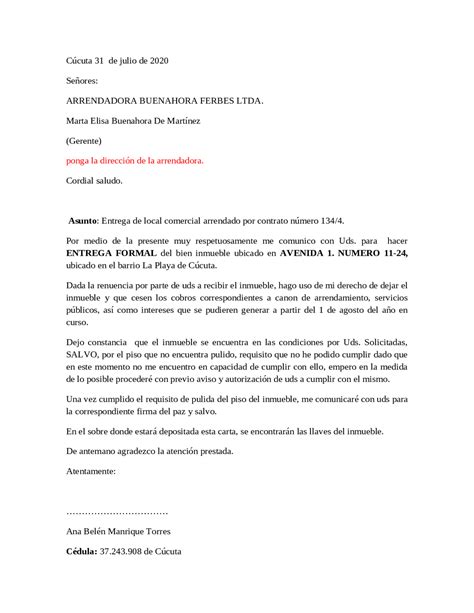 Carta De Entrega De Inmueble Apuntes De Derecho Civil Docsity