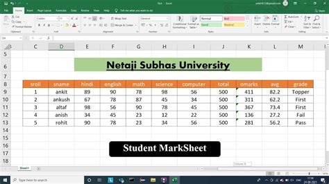 Ms Excel Learn To Make Student Marksheet Calculate Sum Average