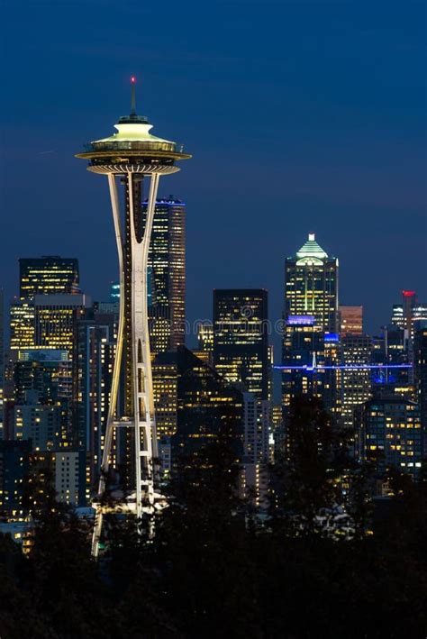 Night View Of The Seattle Skyline With The Space Needle And Other