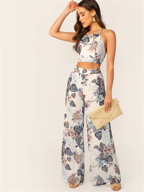Floral Back Tie Crop Top And Palazzo Pants Set Crop Top Fashion Tops For Palazzo Pants