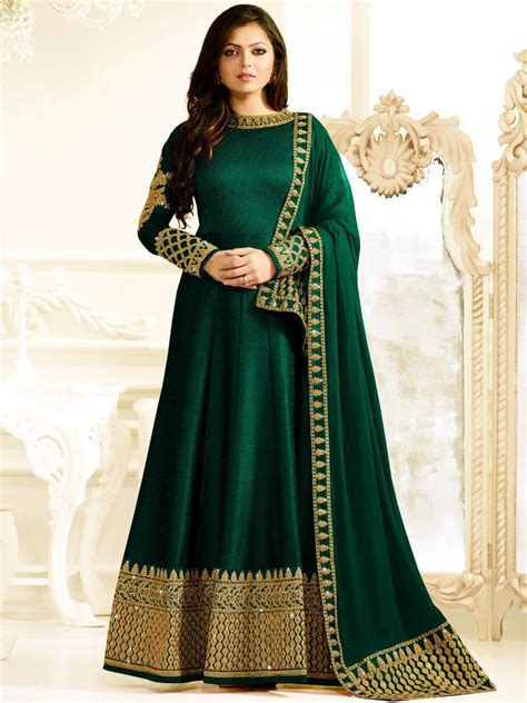 Shop Drashti Dhami Bottle Green Color Silk Party Wear Anarkali Kameez