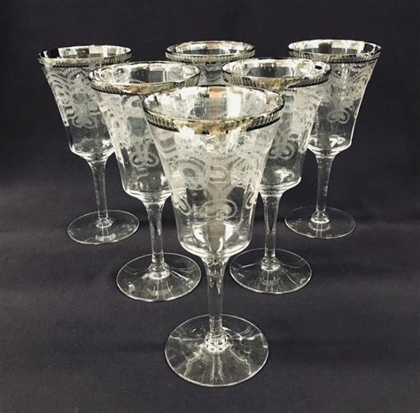 Vintage Acid Etched Crystal Wine Glasses With Platinum Rims