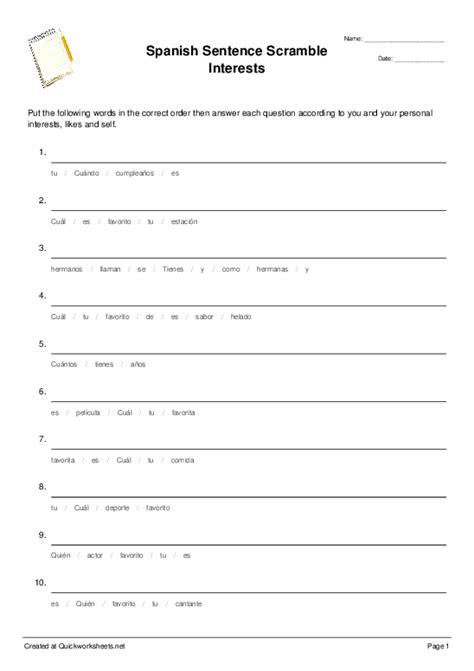 Basic Sentence Structure In Spanish Pdf Worksheet Spanishlearninglab
