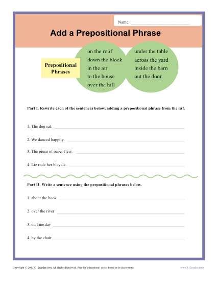 Prepositional Phrase Worksheet With Answers