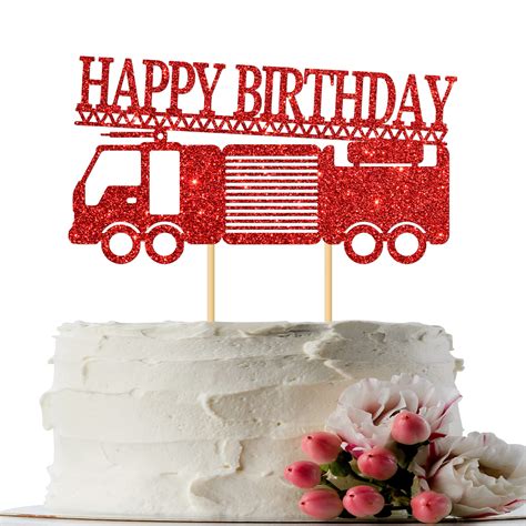 Buy Innoru Red Glitter Fire Truck Theme Happy Birthday Cake Topper For