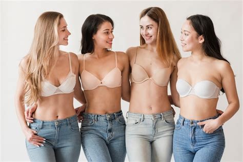 Multiracial Group Of Young Women Wearing Bras Embracing And Smiling Photo Free Download