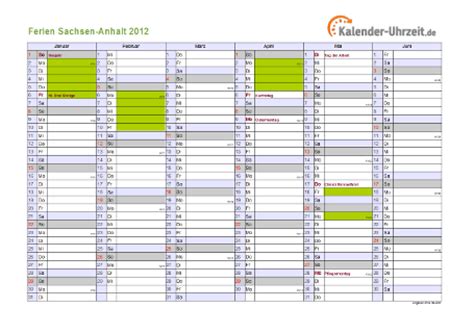Jahreskalender 2012 zum ausdrucken a4. Ferien Sachsen-Anhalt 2012 - Ferienkalender zum Ausdrucken