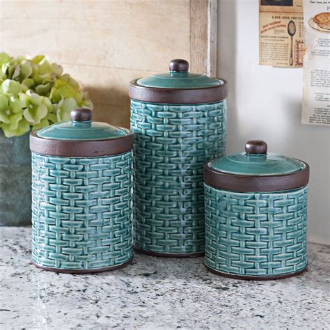 We Love This Beautiful Blue Basketweave Ceramic Kitchen Canisters