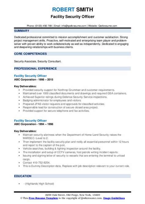 Make sure you choose the right resume format to suit your unique experience and life situation. Facility Security Officer Resume Samples | QwikResume