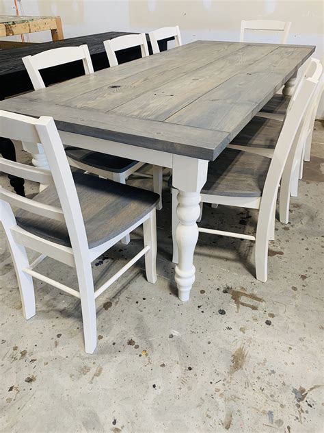 Modern Farmhouse Table With Turned Legs Chair Set Classic Gray Top And