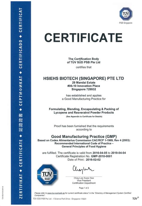 Tuv Sud Codex Gmp Certificate Certificates Hsiehs Biotech