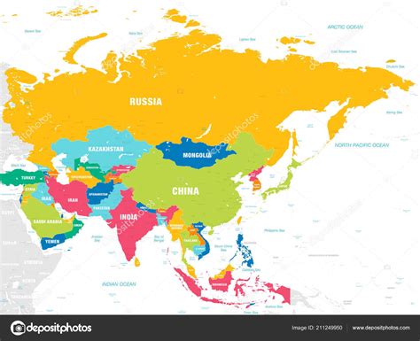 Mapa Vectorial Del Continente Asiático Con Nombres Países Capitales