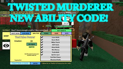 Twisted Murderer Youtube Ability Code Roblox Youtube