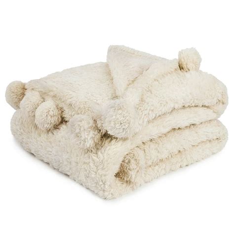 Pavilia Ivory Cream Sherpa Throw Blanket With Soft Pom Pom Fringe
