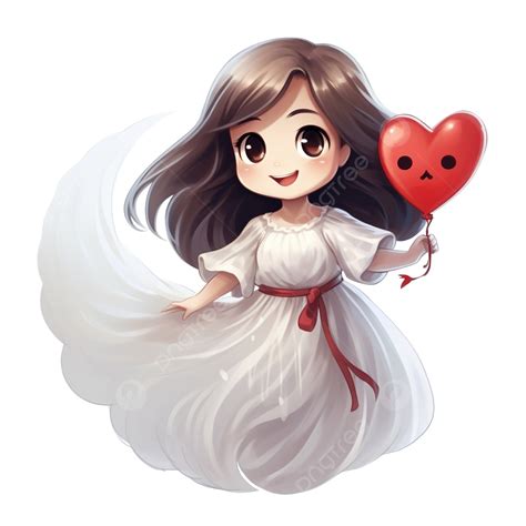 A Cute Girl Ghost Spirit With A Red Heart Flying Isolated Halloween