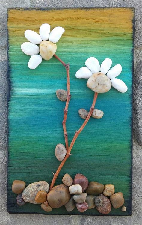 Pebble Art Flowers Two Pretty White Flowers Set On Reclaimed Painted